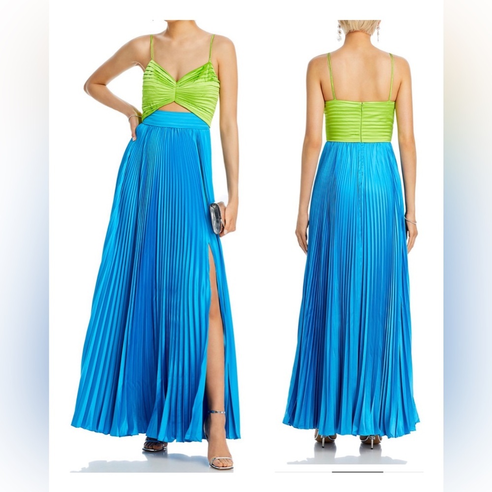 AMUR Lime Green Bodice & Blue Pleated Maxi Dress